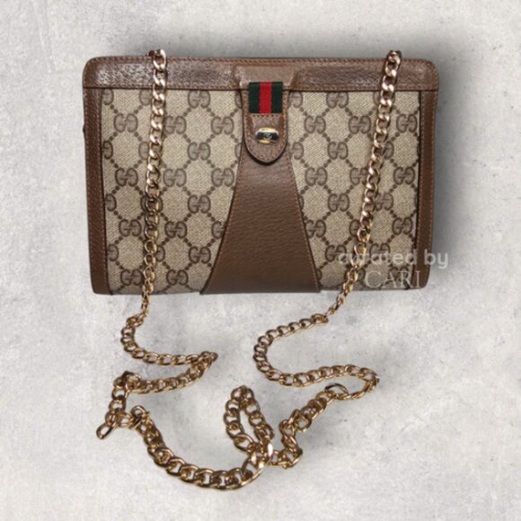 VTG Gucci GG Supreme Monogram Chain Shoulder Crossbody Bag Brown Leather Trim - Picture 1 of 16